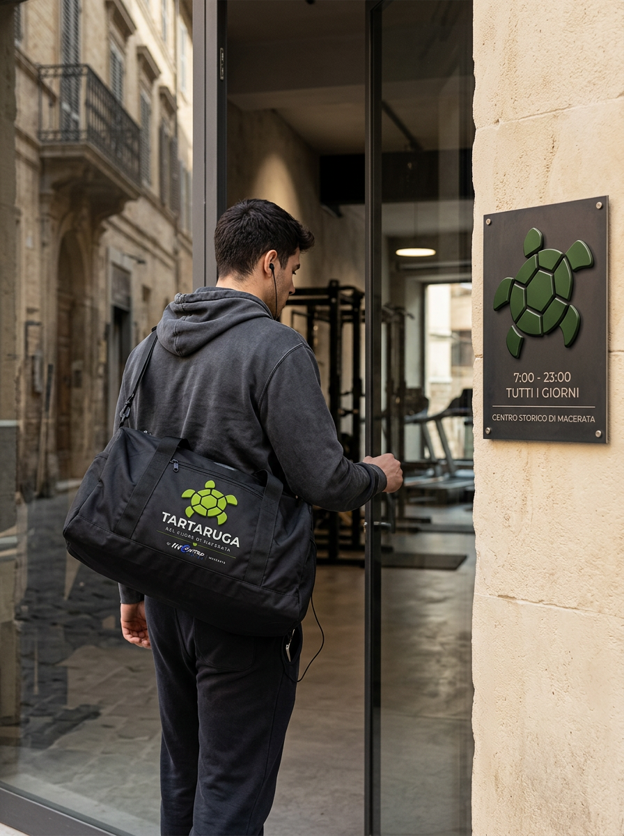 Una persona entra in palestra con la borsa sportiva nel centro storico di Macerata